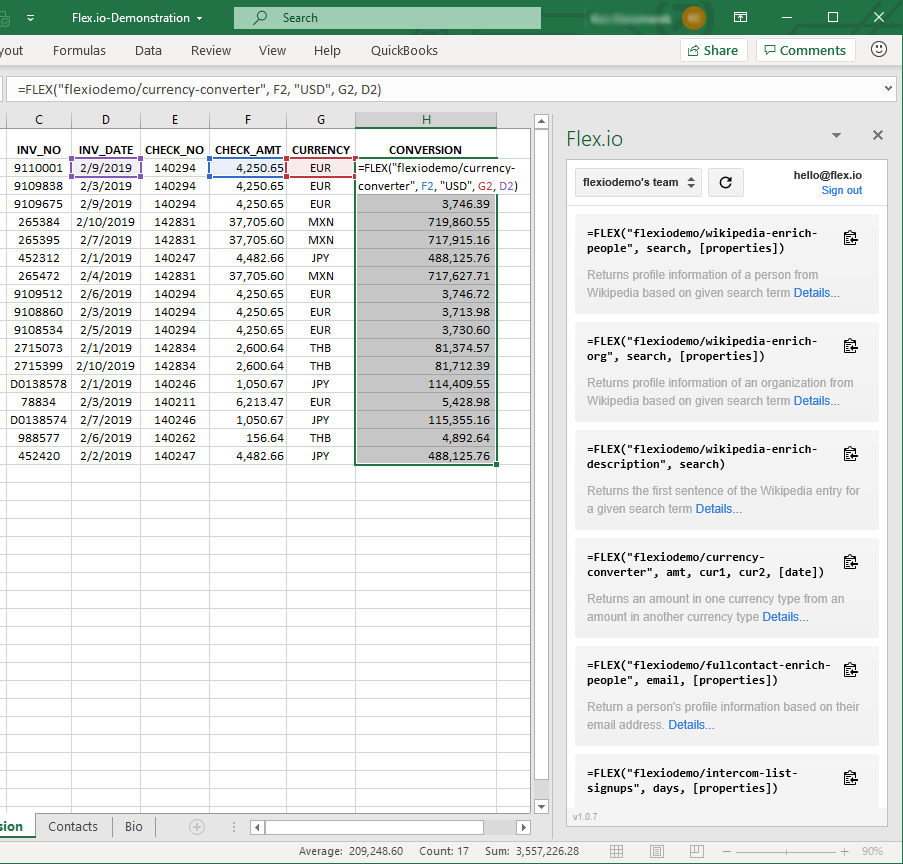 Flex.io Add-in for Excel 365 in action